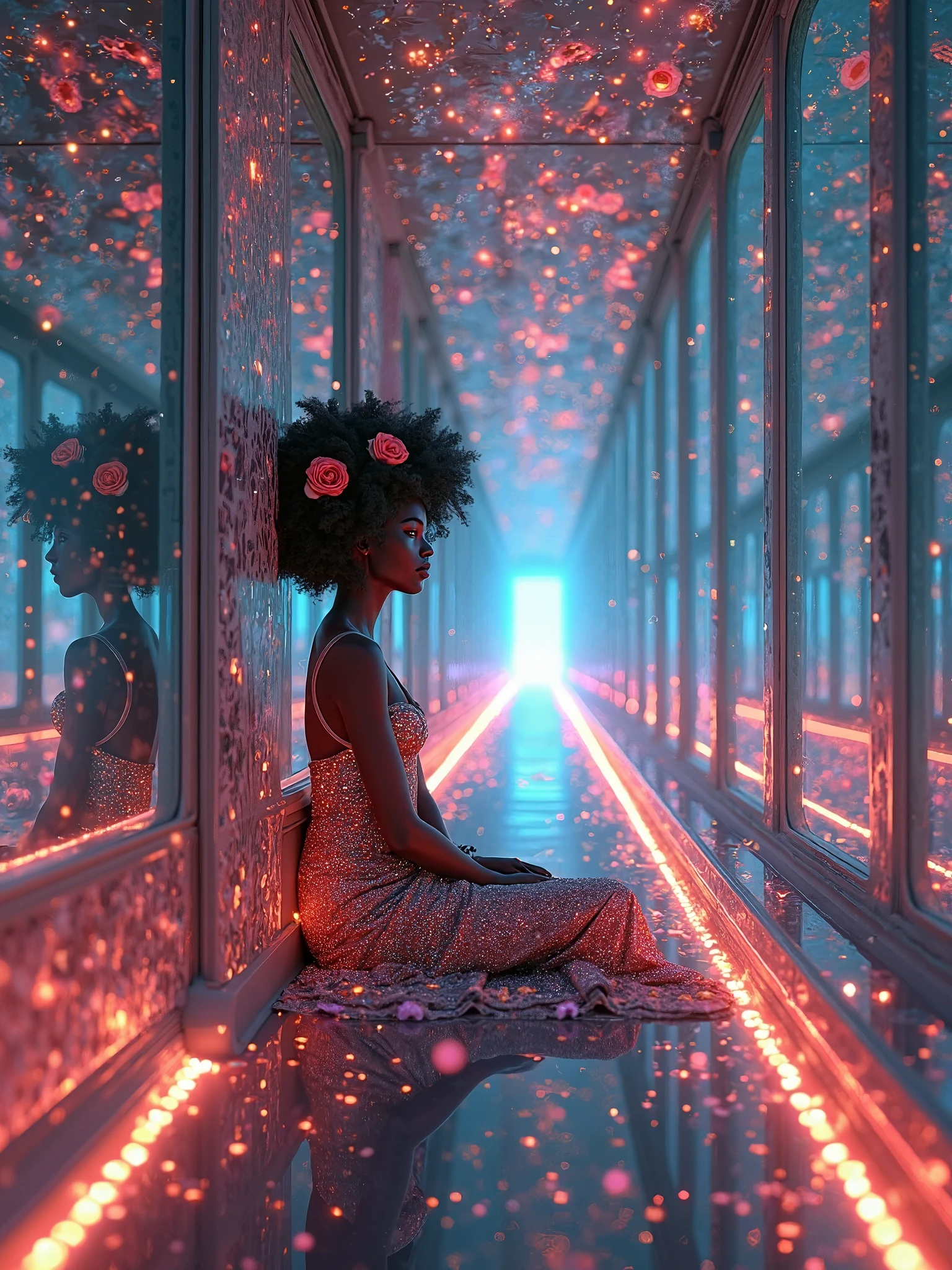 > "A surreal, dreamlike journey through an infinite mirrored tunnel where a glowing, futuristic train floats silently through space. The train’s windows reflect infinite dimensions, each showing vivid worlds of blossoming flowers that bloom and dissolve into shining particles. Inside, a majestic Black woman with glowing eyes and celestial skin sits calmly, her afro adorned with blooming roses and stardust. The tunnel walls pulse with neon lights and kaleidoscopic patterns, as reflections of her multiply endlessly, bending reality. Time slows, colors bleed, and the sound of chimes echo through the void."
