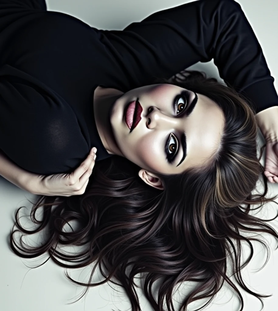 27 years old woman, brazilian, Messy hair flying in the wind ,(Black dress spaghetti strap ), nose piercing, face only , dark room ,low key photography technique , (soft light: 7), (((black background))), (((black and white))), (several poses: 1),
