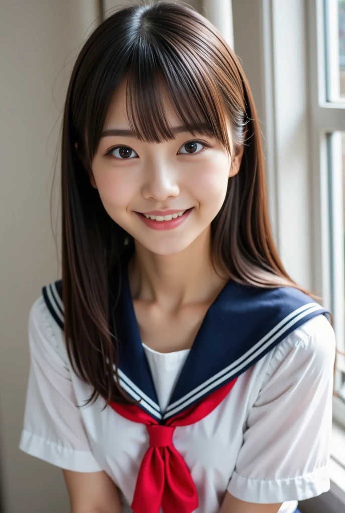 17-year-old girl、whole body、Hands behind head、(Schoolgirl uniform、Sailor suit、Navy Pleated Skirt、sit on futon)、Spread your legs、(White panties are visible、camel toe)、Small breasts、(smile、Perfect white teeth)、bangs、Long Hair、Hair Ribbon、(High ponytail、Smooth Hair)、Slim body、RAW Photos, (Highest quality、masterpiece、Realistic photo:1.2)、(Realistic:1.4)、Dramatic lighting、Bright lighting、Rim Light、Pastel Color Palette、Super detailed、Realistic skin texture、Beautiful eyes in every detail、Brown eyes、(Detailed Background、The background is blurry:1.2)、