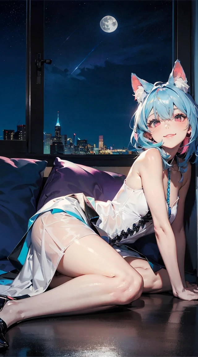 nsfw,1girl, frederica bernkastel, bangs, blue bow, blue hair, blunt bangs, bow, hold, cat tail, crossed arms, dress, long hair, long sleeves, purple eyes, simple background, solo, tail bow, tail ornament, tail raised, tail ribbon,naked