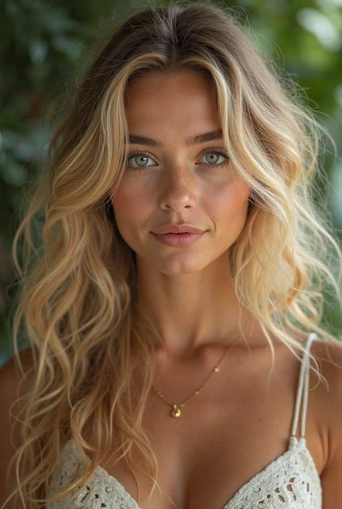 fot ,shg face detailed skin texture Realistic woman, (looking at the camera)beautiful big lips, breasts big, curly hair, blond , beautiful smiling, Broad Hips, perfect whole body,vote for realistic outdoor boho style fashion accessories for natural hair,,,,,,