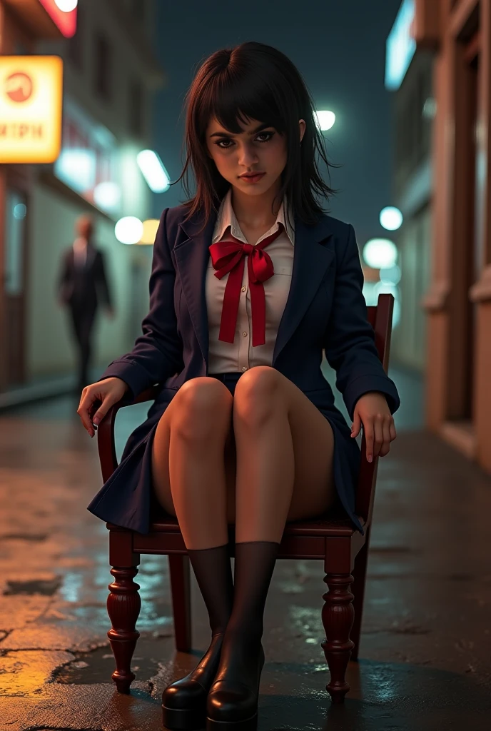  face , elegant face, detailed skin, realistic , pink platform pumps that span thick thighs , Thick arms, Thick arms, pubic skin , oily skin , On the street at night , enchanting smile , Mischievous face, embarrassing , , shy, drunk eyes, HAPPY BREAK RATING _  , chair, lies down, Congress interr , Legs up , wet translucent 、 black platform high heels 、 black stockings、My plump round butt and thighs 、、 schoolgirl uniform、Align your feet、 navy blue blazer、 red ribbon tie,big ,big butts 