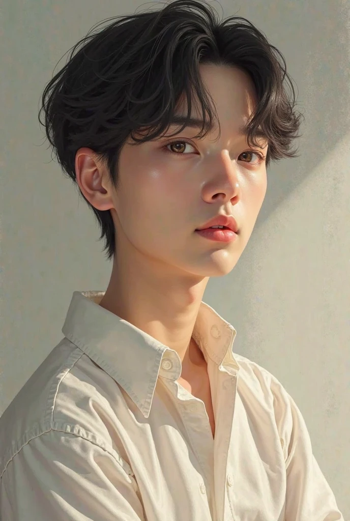 Create a highly realistic image of a  student with soft golden eyes and dark hair. He has soft facial features and wears a shirt