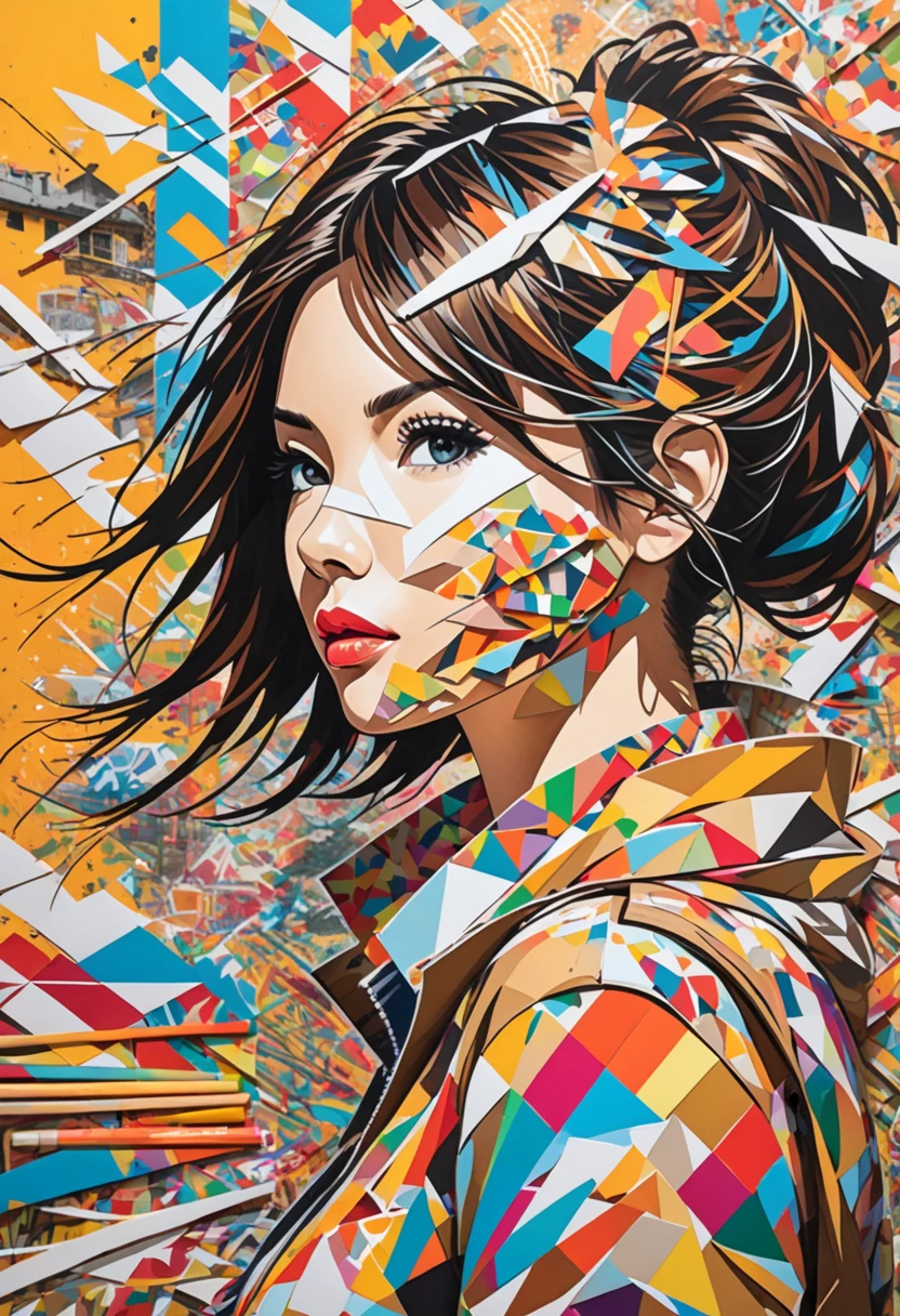 Collage Chaos, featuring a woman in overlapping abstract images, layered aesthetics of graffiti and paper stick art with the raw, mixed media advertising, cutting and pasting symbolic patterns, 