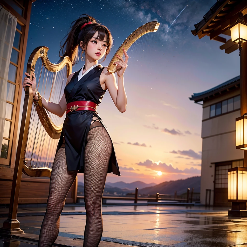 See-through fishnet-wear:1.9,20 year old Japanese woman,bright colors fishnet-wear:1.9,tights:1.5,(top quality、In 8K、masterpiece:1.2)、embarrassed:1.4、perfect body beauty:1.2、(ponytail:1.3),(light brown hair:1.harp jaw