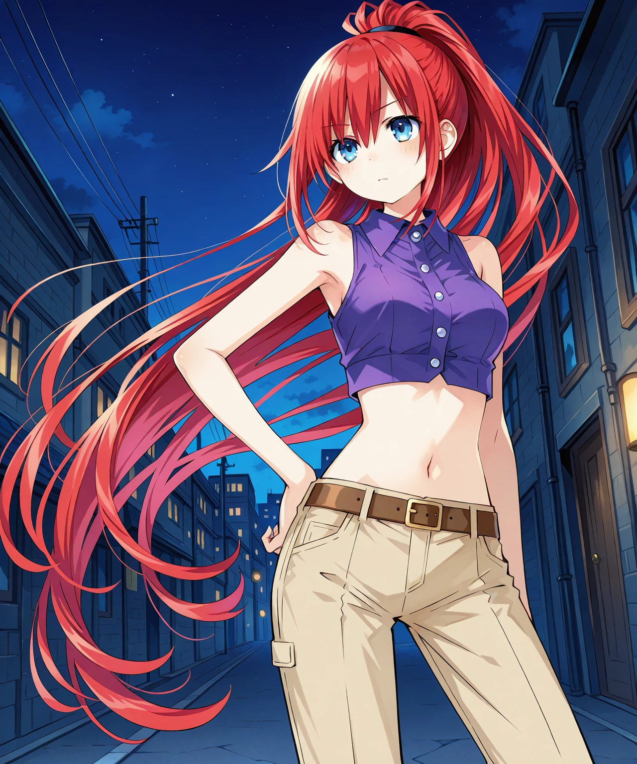 (masterpiece, best quality:1.2) best quality, girl design, portrait, giesha, anime image, long hair, red hair, shy and horny look, heterochromia eyes, hair covering horns, demon horns, blue short jeans, white Windbreaker jacket, small breasts, full body, anime style, blurry, masterpiece, highres
