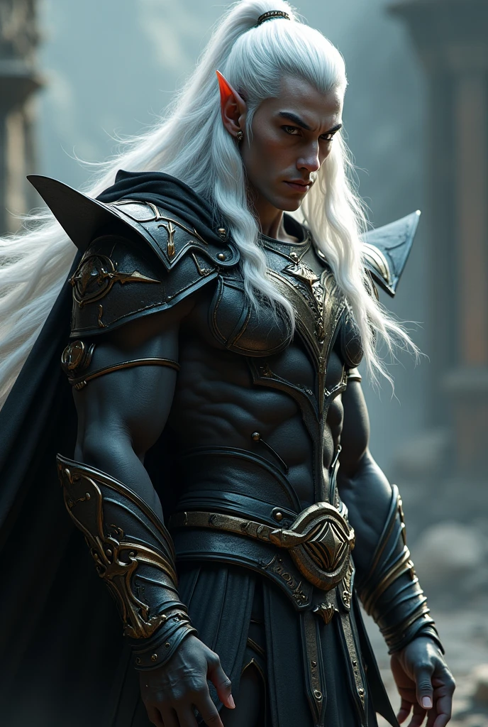 young handsome man with long white hair that reaches his shoulders with his yellow eyes and his arms have dragon scales