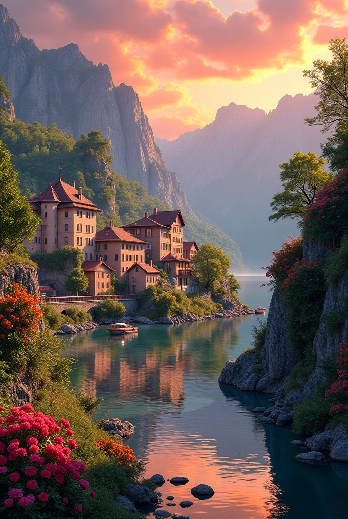 A small town by the river, mountains in the background, colorful floral flowers, detailed landscape, beautiful natural landscapes, atmospheric lighting, scorching sunset, warm colors, practical, photographic, detailed foliage, complex buildings, cobblestone street, charming country house, vibrant colors, lush vegetation, reflections in the water,  picturesque, idyllic, artwork, best quality, 8K, extremely detailed, anime style