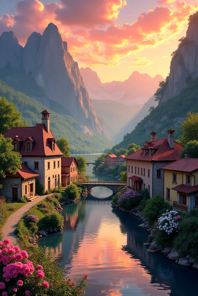 A small town by the river, mountains in the background, colorful floral flowers, detailed landscape, beautiful natural landscapes, atmospheric lighting, scorching sunset, warm colors, practical, photographic, detailed foliage, complex buildings, cobblestone street, charming country house, vibrant colors, lush vegetation, reflections in the water,  picturesque, idyllic, artwork, best quality, 8K, extremely detailed, anime style