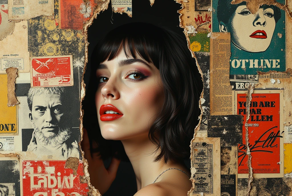 artistic, collage art, different poster collage together, torn posters stick together, vintage advertisement poster, fashion poster, torn posters forming girl image, intricate collage composition, various torn posters and paper elements, edgy and grungy aesthetic, dramatic lighting, moody color palette, graffiti-inspired textures, high resolution, 8K, ultra detailed, photorealistic, dramatic chiaroscuro, gritty and textured, masterpiece, vivid colors, physically-based rendering