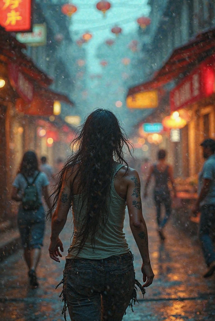 Create a tired woman back view running to a vivid street ahead