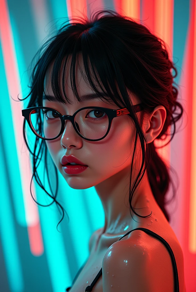 Anime Stripes Women Thinning Hair Wearing Glasses Wet Body