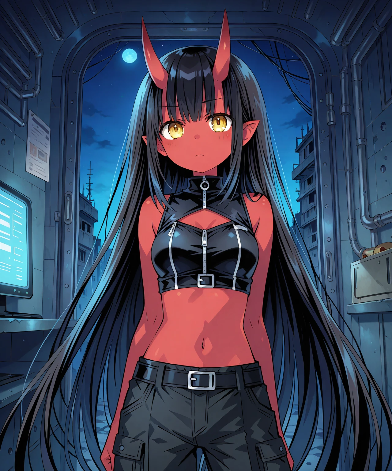 best quality, masterpiece, 1 girl, devil girl, sobbing, (red colored skin:1.2), (bright red eyes:1.3), (black devil horns:1.4), long hair with bangs, tattooed body, black and red bikini with cloak, (standing in cyberpunk street:1.3), (medium , under boobs: