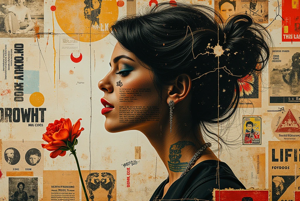 artistic, collage art, different poster collage together, torn posters stick together, vintage advertisement poster, fashion poster, posters stick together forming girl outline, intricate collage composition, various torn posters and paper elements, edgy and grungy aesthetic, dramatic lighting, moody color palette, graffiti-inspired textures, high resolution, 8K, ultra detailed, photorealistic, dramatic chiaroscuro, gritty and textured, masterpiece, vivid colors, physically-based rendering