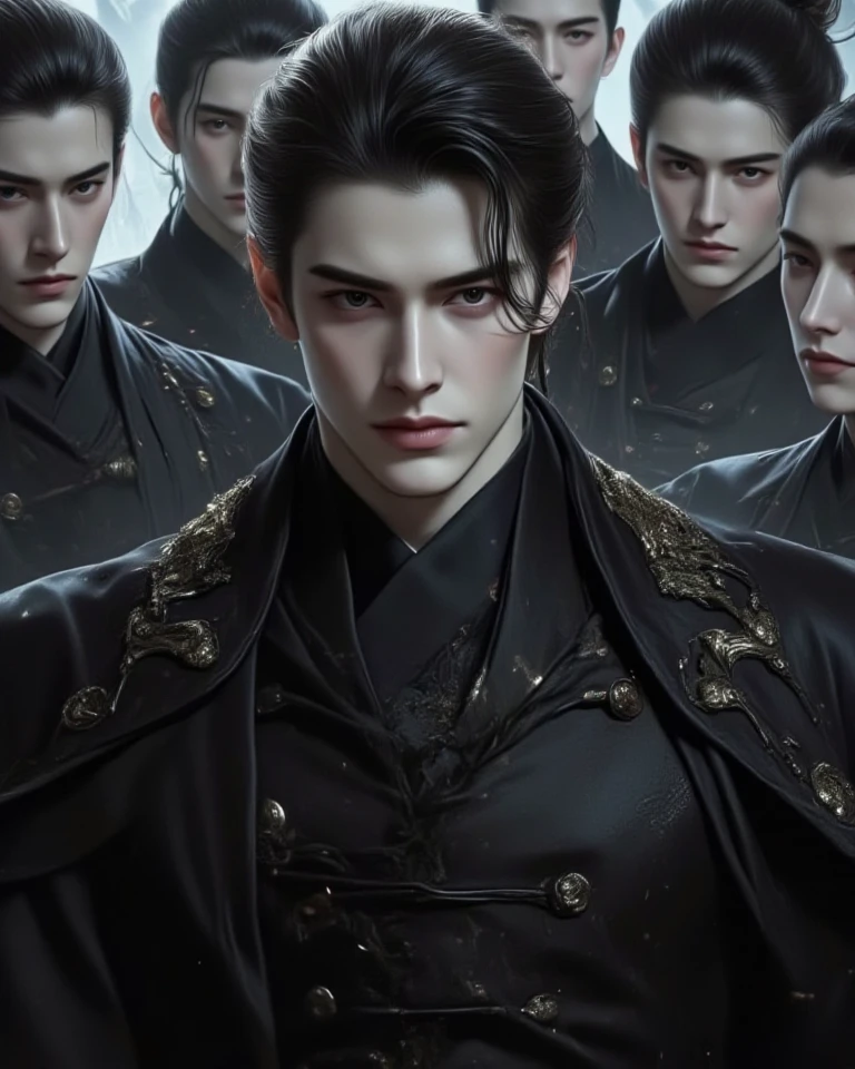 A 20-year-old handsome man with long hair wears a black Han Fu antique Chinese dress, dark eyebrows, big eyes, seductive nose, famous white nose. 4 men stand next to a woman, 1 lover.