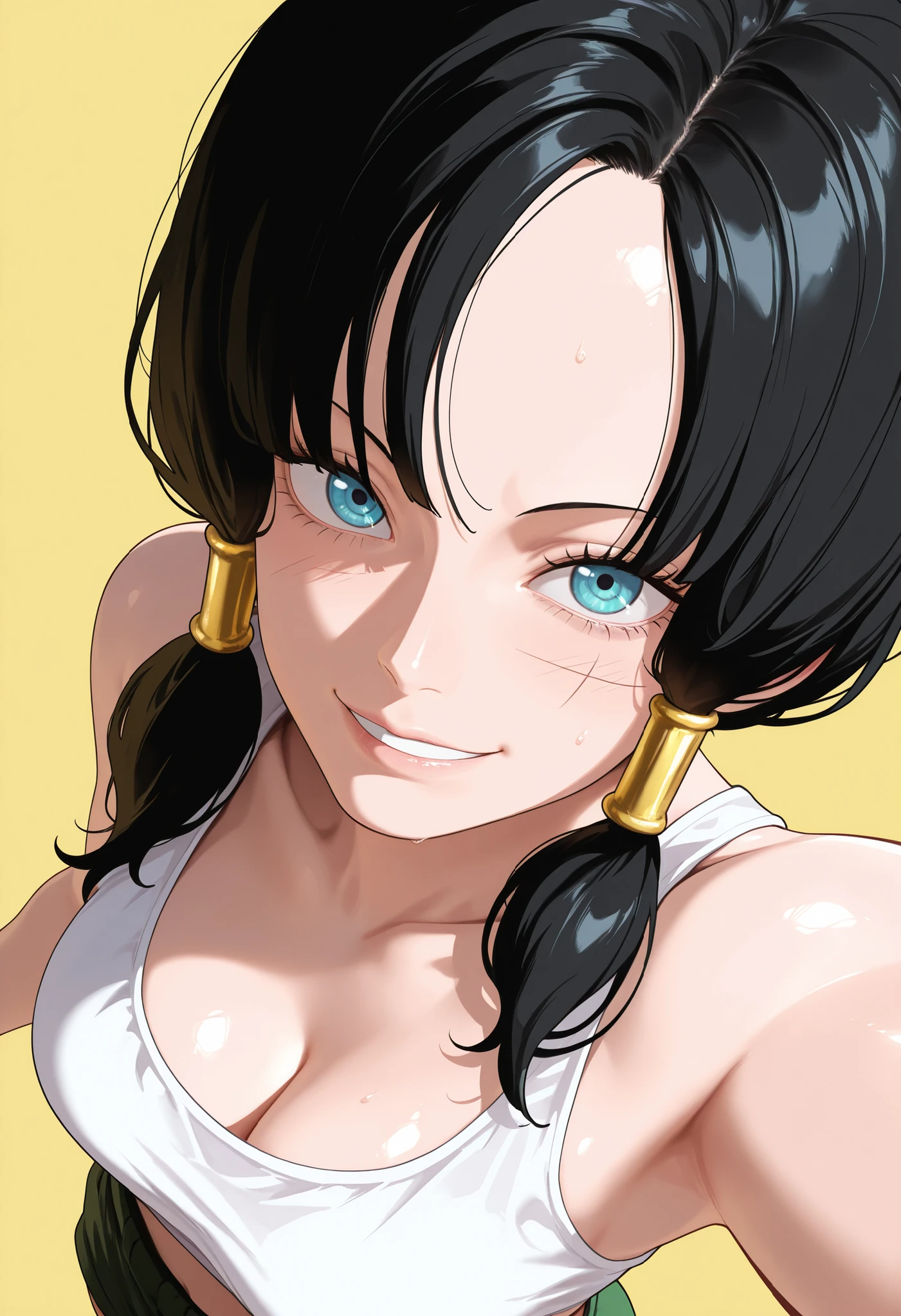 masterpiece, best quality, amazing quality, 1girl, (Videl, One Piece, Chainsaw man, Dragon ball Z, blue eyes, black hair), wearing white tan top, Pleasure Face, close up shot, simple background, medium size , golden ratio face, sexy pose, Pinkish skin tone, smooth and soft skin, shiny skin, standing, Standing up, top view, side view, selfie, showing, young girl