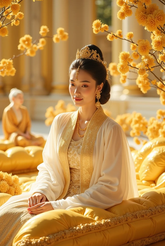 Myanmar queen [wearing gold and white thin Longyi and Htaingmathein, the burmese royal thin white coat which is cornered with the gold, Burmese royal gold ancient headband with gold flower] is comfort on the large gold rectangle table which is surrounded by golden flower in the heavenly palace, [top knot her black hair] [heavenly][milf]