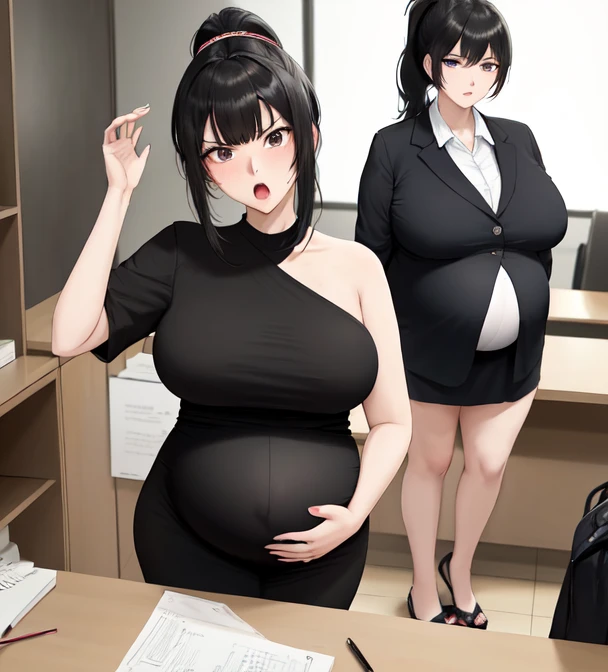 (((kipteitei art))), Masterpiece, high quality, best quality, beautiful, HD, perfect lighting, detailed face, detailed body, ((1girl)), ((solo)), short black hair, bangs, fluffy hair, ((messy hair)), green eyes, glasses, sweating, heavy breathing, ((Masochist)), aroused, ((nervous)), (nervous smile), (((embarrassed look))), ((blush)), medium breasts, (cleavage), perky breasts, (((wide hips))), (((thick thighs))), fat ass, pudgy, (((((belly grab))))), ((white dress shirt)), ((black jacket)), (((black pants))), she is tugging on her pants, (((tight clothes))), ((undersized clothes)), office, sexy pose, ((she is embarrassed and into it)),