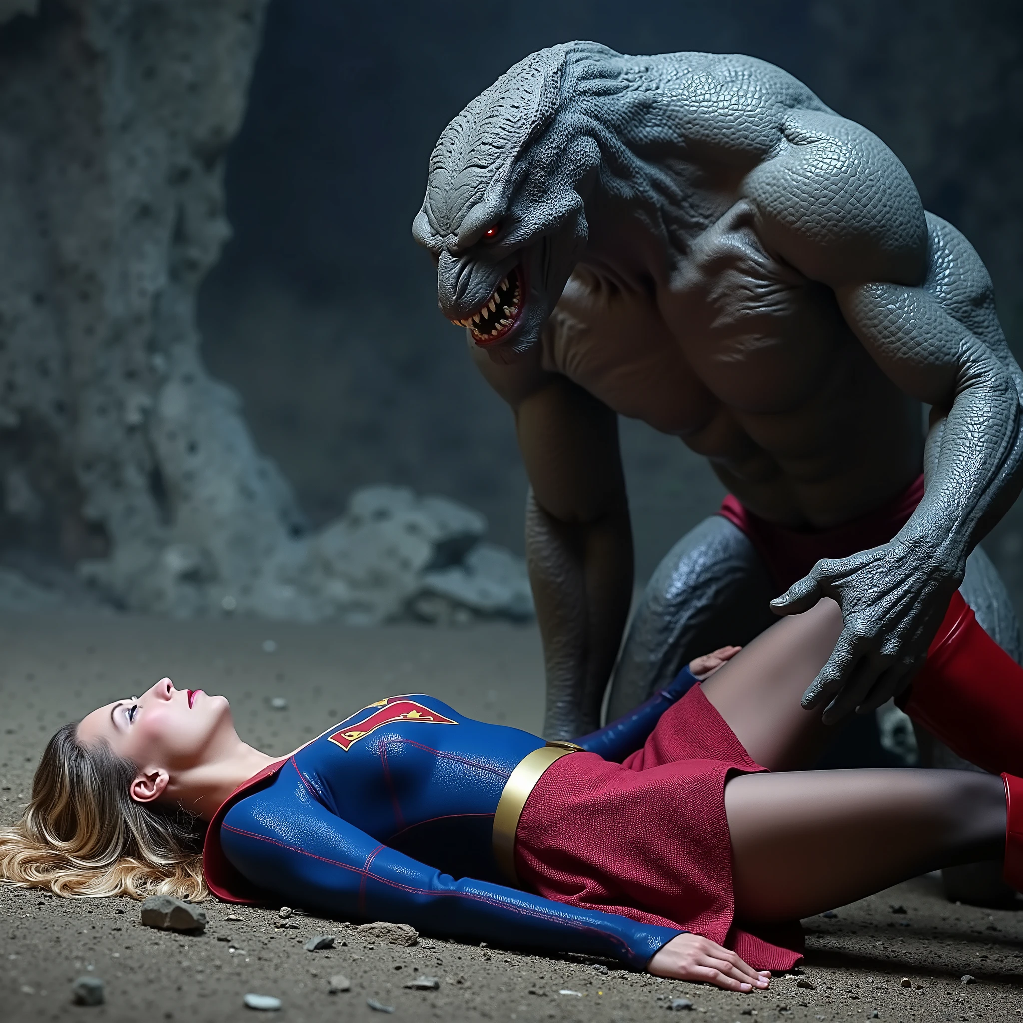 Supergirl is lying flat on the dirt, very bright white skin, can see whole body, She is wearing a thin black pantyhose, very short red skirt, flipped up skirt, red knee height long boots, blonde hair, unconsciousness, eyes close, painful face, a fierce monster is kneeling, it is bending over to her face, his body is between her left and right legs, (monster penis erection), photorealistic, hyperrealism, night time, underground cave,
