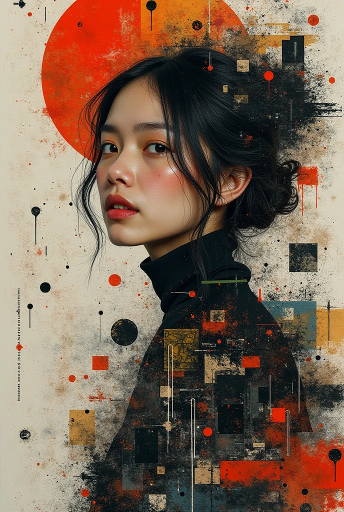 Collage Chaos, featuring a woman in overlapping abstract images, layered aesthetics of graffiti and paper stick art with the raw, mixed media advertising, cutting and pasting symbolic patterns, 