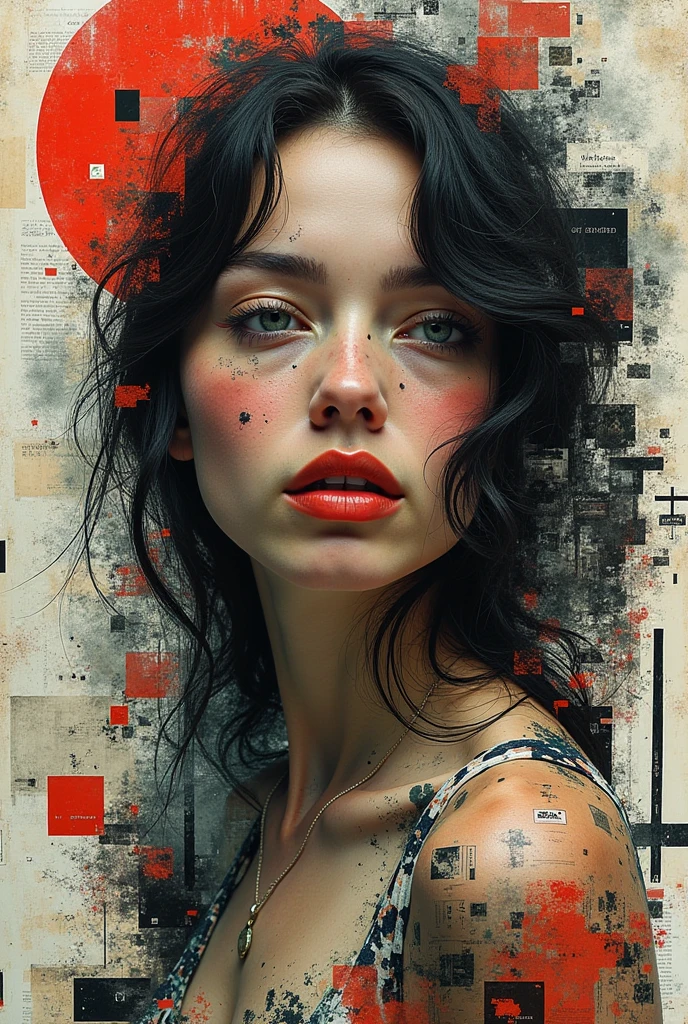 Collage Chaos, featuring a woman in overlapping abstract images, layered aesthetics of graffiti and paper stick art with the raw, mixed media advertising, cutting and pasting symbolic patterns, 