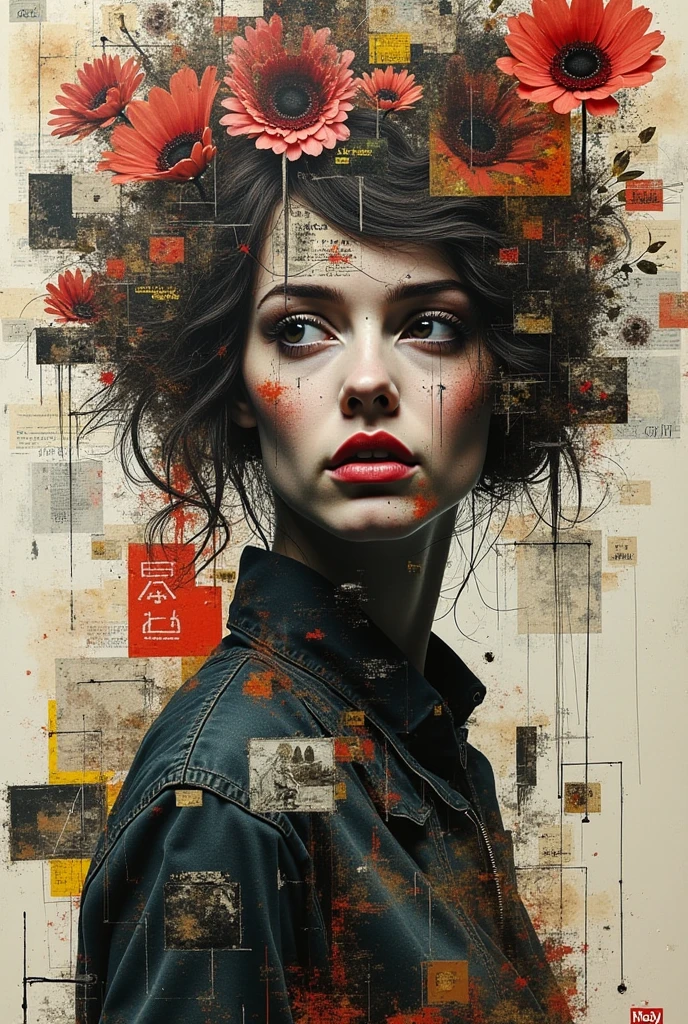 Collage Chaos, featuring a woman in overlapping abstract images, layered aesthetics of graffiti and paper stick art with the raw, mixed media advertising, cutting and pasting symbolic patterns, 