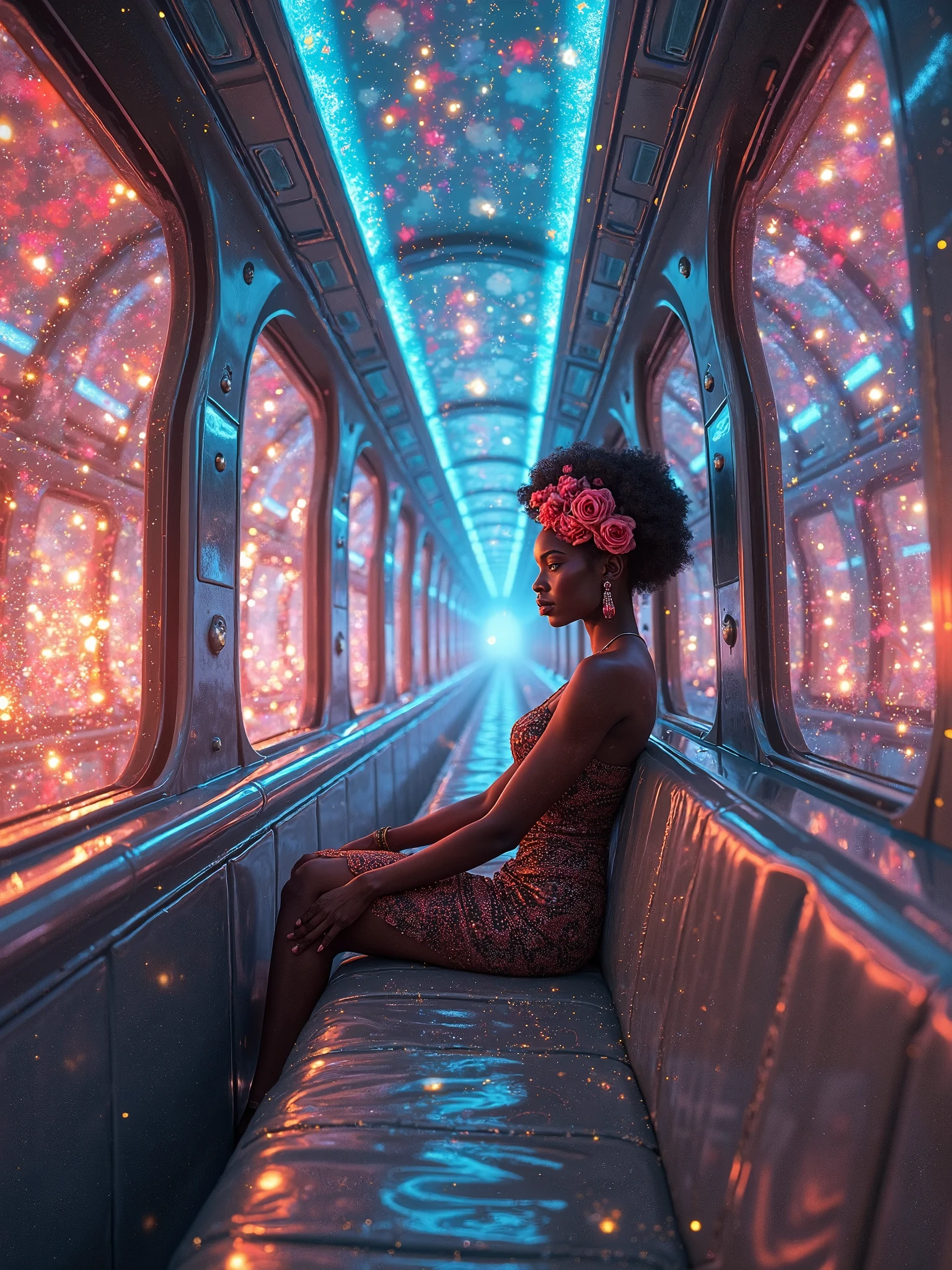 > "A surreal, dreamlike journey through an infinite mirrored tunnel where a glowing, futuristic train floats silently through space. The train’s windows reflect infinite dimensions, each showing vivid worlds of blossoming flowers that bloom and dissolve into shining particles. Inside, a majestic Black woman with glowing eyes and celestial skin sits calmly, her afro adorned with blooming roses and stardust. The tunnel walls pulse with neon lights and kaleidoscopic patterns, as reflections of her multiply endlessly, bending reality. Time slows, colors bleed, and the sound of chimes echo through the void."