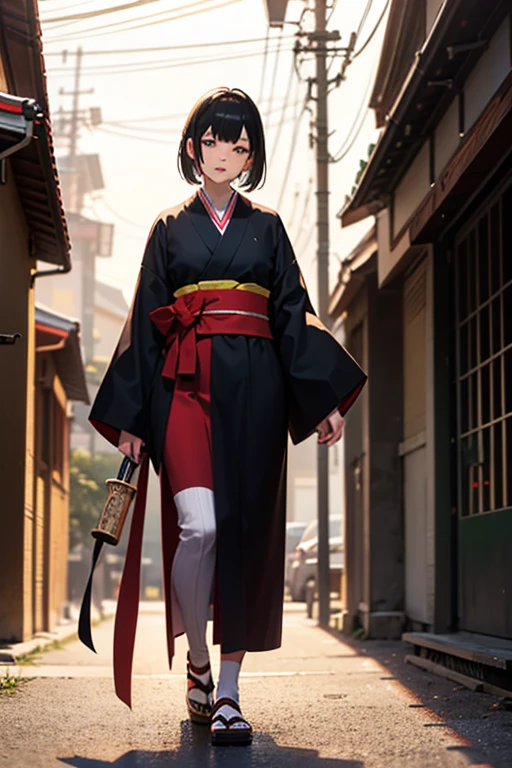 Woman wearing a full body Japanese sword down black hair is cute