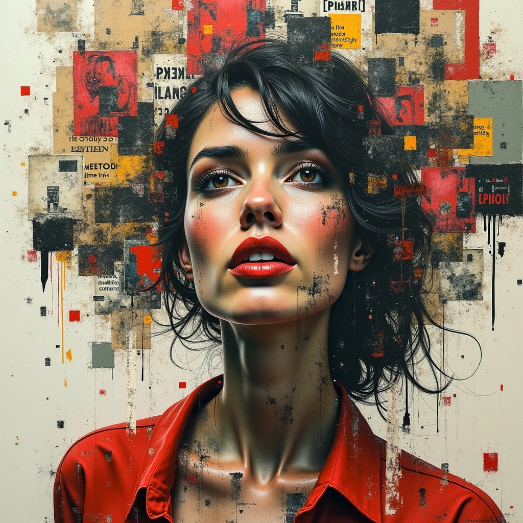 Collage Chaos, featuring a woman in overlapping abstract images, layered aesthetics of graffiti and paper stick art with the raw, mixed media advertising, cutting and pasting symbolic patterns, 