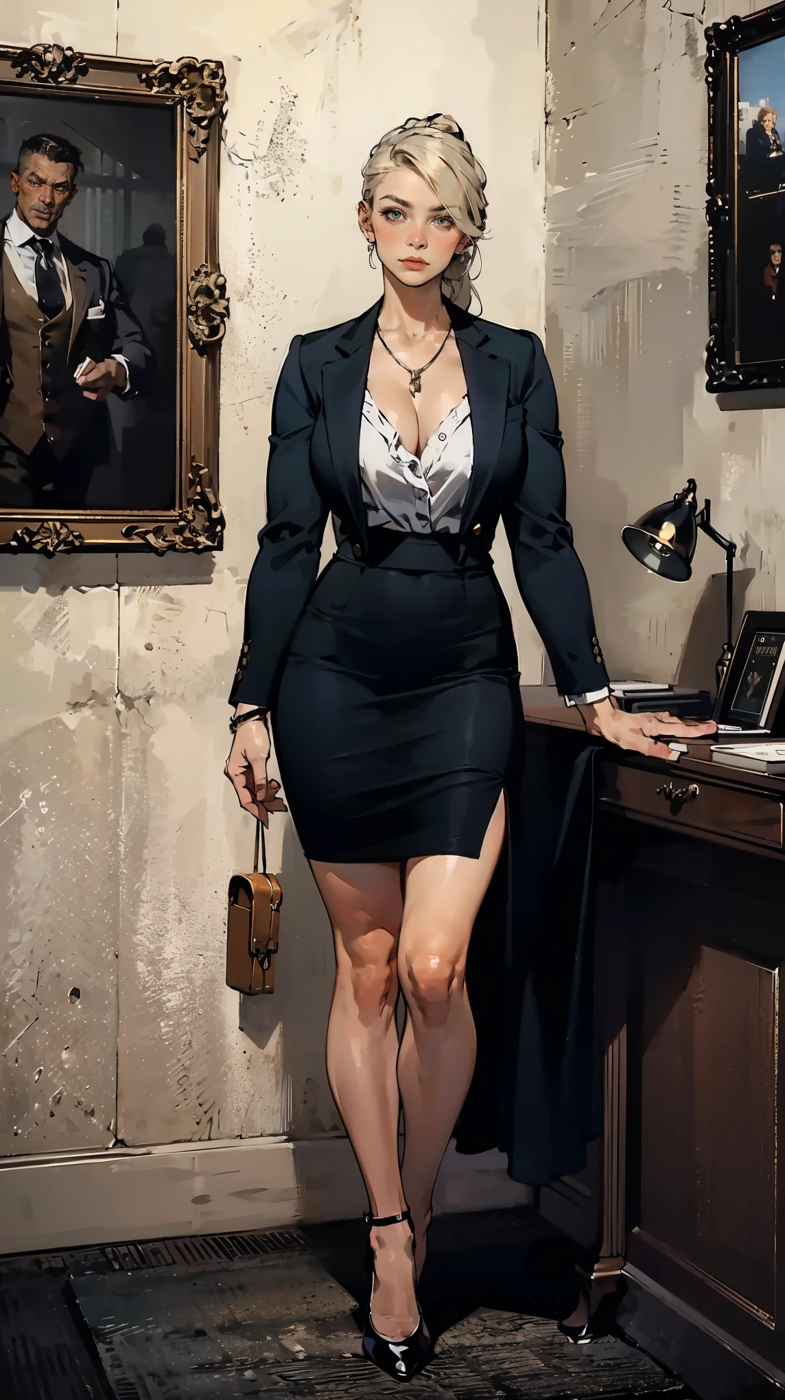 (ultra-detailed, photorealistic, best quality, 4k, 8k, highres, masterpiece:1.3), a stunning and formidable woman with a perfect athletic body and toned muscles. Katarina Volkov has long, sleek blond hair often tied in a professional bun or ponytail, sharp symmetrical features, piercing green eyes, and high cheekbones. She is dressed in stylish and professional attire, a fitted blazer and skirt, with hidden tactical gear for protection. The background features a luxurious office setting, emphasizing her role as Ivan Ivanov's secretary and bodyguard. Her intelligent and calculated demeanor is evident, capturing her dual role of professional and protector. (intricate detail, super finely detailed hands, ultra finely detailed fingers, full body showcase, show full body).
