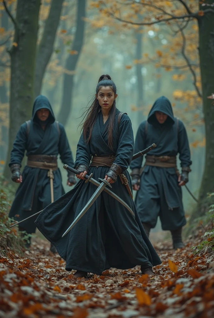 In the dense forest, the female swordsman is blocked by two robbers. A Swordsman rushes to, the other man stands behind preparing to attack. The female swordsman is ready to maneuver, cold eyes, around the fallen leaves creating a dramatic feeling.”