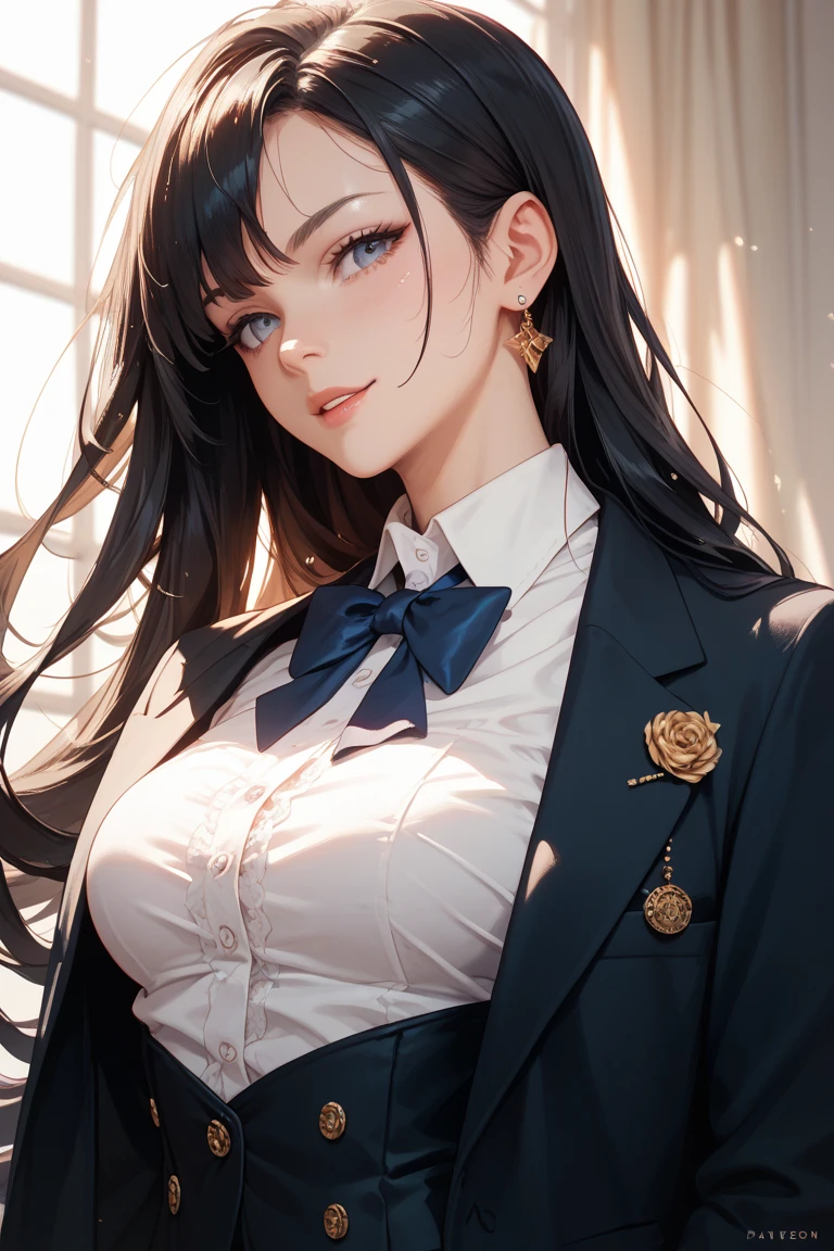 Sexy girl,long ponytail, school dress, midium ,3 buttons open at the chest