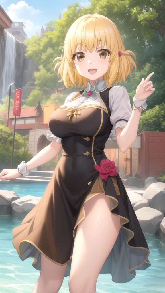 （One girl）、(short hair)、(sidelock)、((Blonde))、（Sato Air）、((boyish))、(Big Breasts)、Chubby、beautiful girl、[Big thighs]、Green Eyes、(Healer)、Black Vest、black leggings、White sleeveless、((hairs between eyes))、(long gloves)、smile、wink、((see-through))
