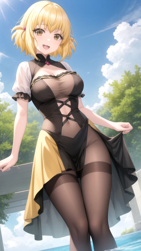 masterpiece, best quality, 1 woman,serena \(Pokemon\), Short hair, blonde hair, blue eyes, Eyelashes, black choker, hair bow, dress, clavicle, white gloves, brown pantyhose, red shoes, hands on hips, laugh, looking at viewer, alone, forest background
