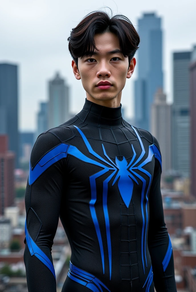A young and cute American-japanese guy , angry face, wearing light brown transparent Spider-Man crystal glass armour,futuristic-style transparent material see-through his naked white skin body , fighting with monsters at new York city centre