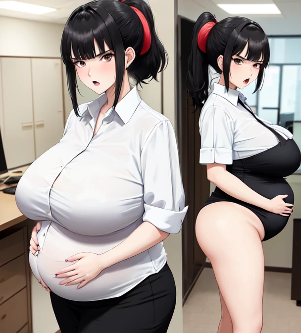 In the ward, A royal sister, White nurse's uniform, red lingerie, Gold earrings, red pupils, looking at viewert, big breasts, huge pregnant, wide hips, slim waist, Sling black silk, full bodyesbian, Black hair, Long hair, pony tails, Heart-shaped pupils,Best quality, open mouth, tongue out, blushing, happy