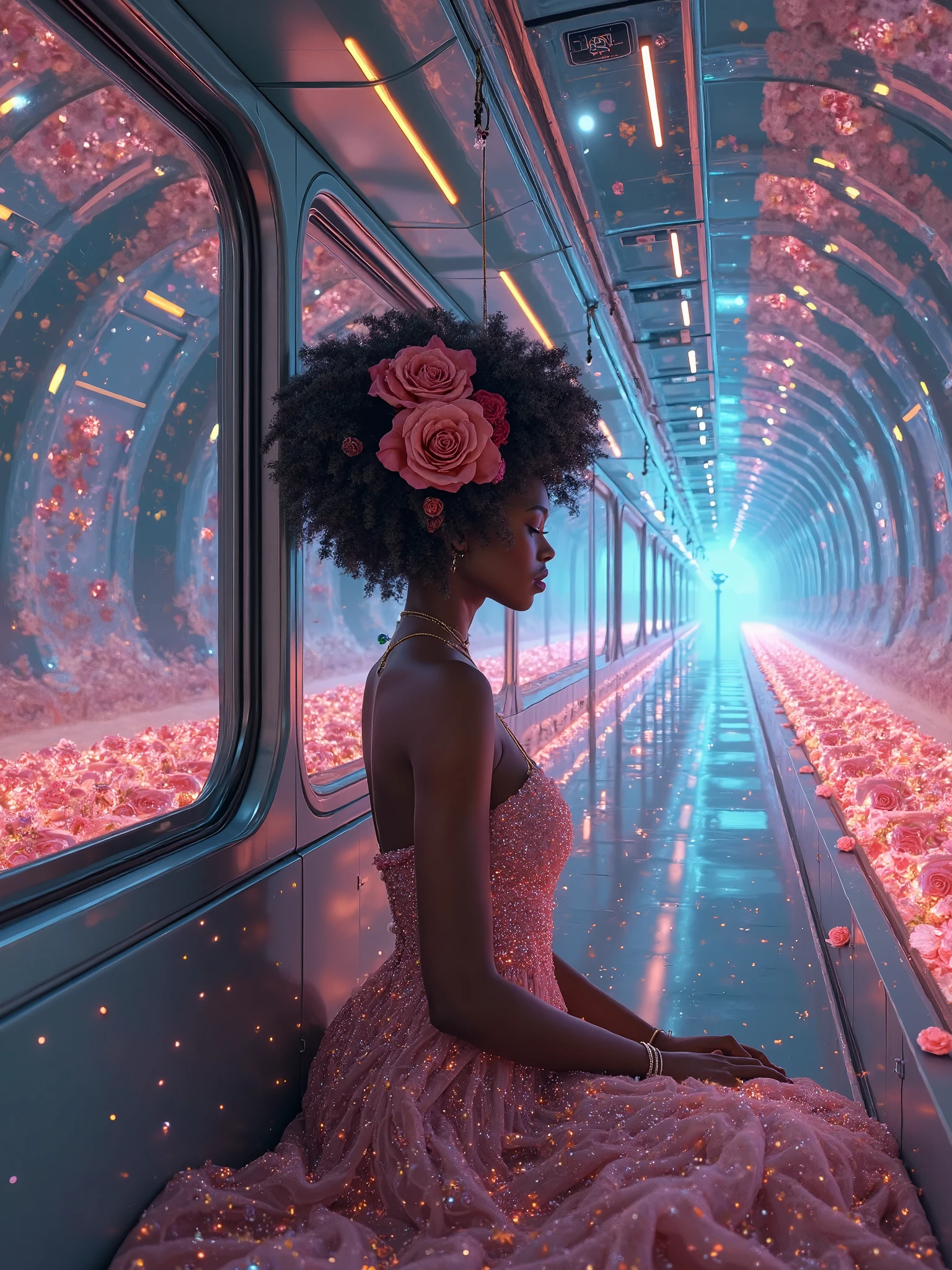 > "A surreal, dreamlike journey through an infinite mirrored tunnel where a glowing, futuristic train floats silently through space. The train’s windows reflect infinite dimensions, each showing vivid worlds of blossoming flowers that bloom and dissolve into shining particles. Inside, a majestic Black woman with glowing eyes and celestial skin sits calmly, her afro adorned with blooming roses and stardust. The tunnel walls pulse with neon lights and kaleidoscopic patterns, as reflections of her multiply endlessly, bending reality. Time slows, colors bleed, and the sound of chimes echo through the void."