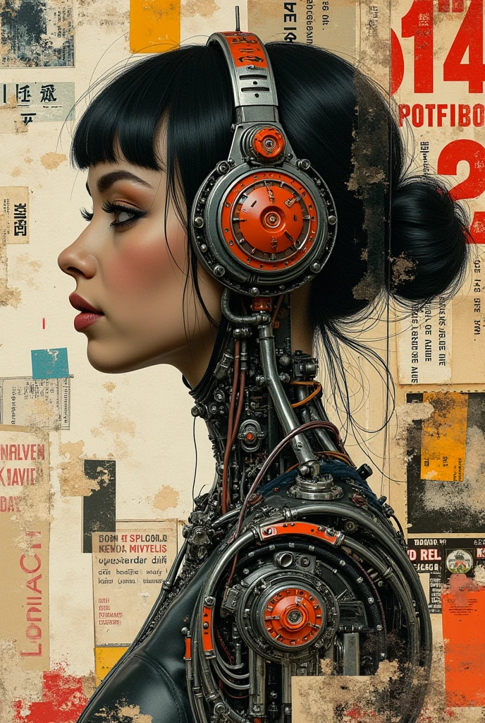 artistic, collage art, different poster collage together, torn posters stick together, vintage advertisement poster collage, fashion poster collage, different poster collage together forming cyborg girl outline, intricate collage composition, various torn posters and paper elements, edgy and grungy aesthetic, dramatic lighting, moody color palette, graffiti-inspired textures, high resolution, 8K, ultra detailed, photorealistic, dramatic chiaroscuro, gritty and textured, masterpiece, vivid colors, physically-based rendering