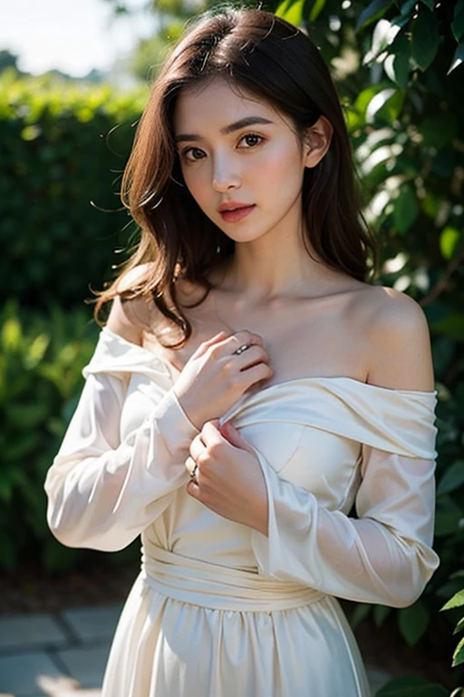 Beautiful  young girl looking at viewer wearing red top dress, in garden, realistic graphics, wearing a beautiful necklace, wavering at viewer, nice figure, beautiful organic photography  ,graphic focus on girl at the center of graphics photoshot ,red colors dress ,wavering at viewer, full-body photoshot rendering graphics,complete body collection, sakura blossoms, sitting under a tree ,beautiful ,bibidong