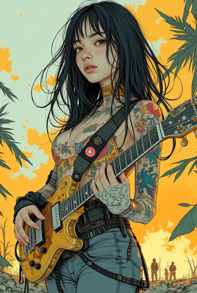 Full image. Bright, colorful, reflective and fluorescent. Vibrant shades of yellow, green, pink. High-quality masterpiece: 1.2) Masterpiece: Smooth textures, proportional ???????, graceful body parts, beautiful detail, sharp details. (High-quality masterpiece: 1.2) Beautiful woman (Miss Universe level) (Very active pose). Panorama. Acrylic line drawing. Incredibly detailed and realistic illustration of a death metal guitarist (???????????: 1.3). The guitarist has long, wavy hair, an elaborate full-sleeve tattoo on one arm, and a tight outfit that accentuates her large figure. She is ????, busty. She plays an intense guitar solo, with her eyes closed and her face contorted in concentration. The stage behind her is decorated with flames and evil symbols, creating a dark, intense atmosphere. The audience appears behind her, their faces contorted with expressions of fear and excitement. Detailed image. Dust. Wasteland. Determination. Worn equipment. Coats. Designed by Enki Bilal, Stuart Immonen, Eleanor Vere Boyle, Jock + Raymond Loewy + Tillie Walden+ Krenz Cushart + Nate Beeler + Alan Moore. High-resolution image. Alpine forest night. River. Rainforest. Full moon night. Ralph Steadman's mixed media sketchbook page with an ink-splattered background. Flowing lines inspired by Tomer Hanuka connect the objects. Dreamy compositions in the style of Remedios Varo surround the objects. Seductive poses inspired by Helmut Newton. Prints by Gustav Klimt. Colorful portraits in the style of Julie Bell. Beads and scraps of fabric.