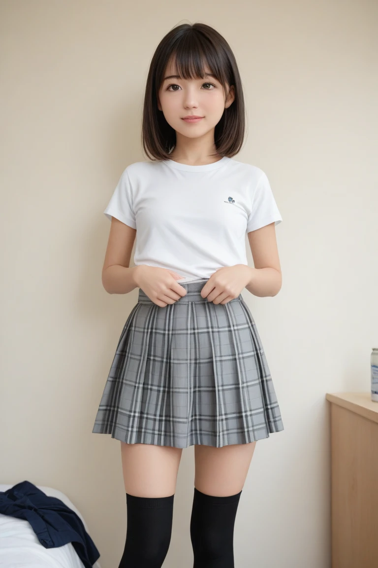(RAW photo, highest quality, masterpiece: 1.2), (photo: 1.4), 1girl, solo, whole body, shoes, cute Japanese face, ((9 years old face, baby face with mature body)), (((super gigantic)) chest, cleavage), (uniform, short sleeve, super short plaid skirt, miniskirt, thicc thighs, slender legs, white socks, tank top), standing pose, full body shot, line of sight (smile)