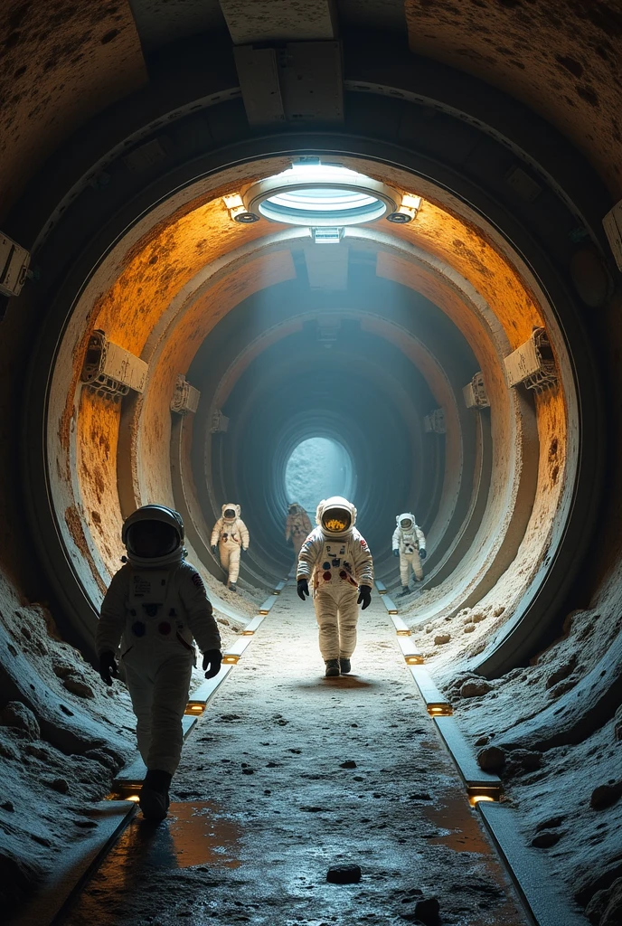 An underground corridor in the moon, with sealed windows that opens to the lunar colony on one side and doorlike airlocks to different departments on the other and an open airlock at the end, that opens to another corridor, people in lunar garments walks around