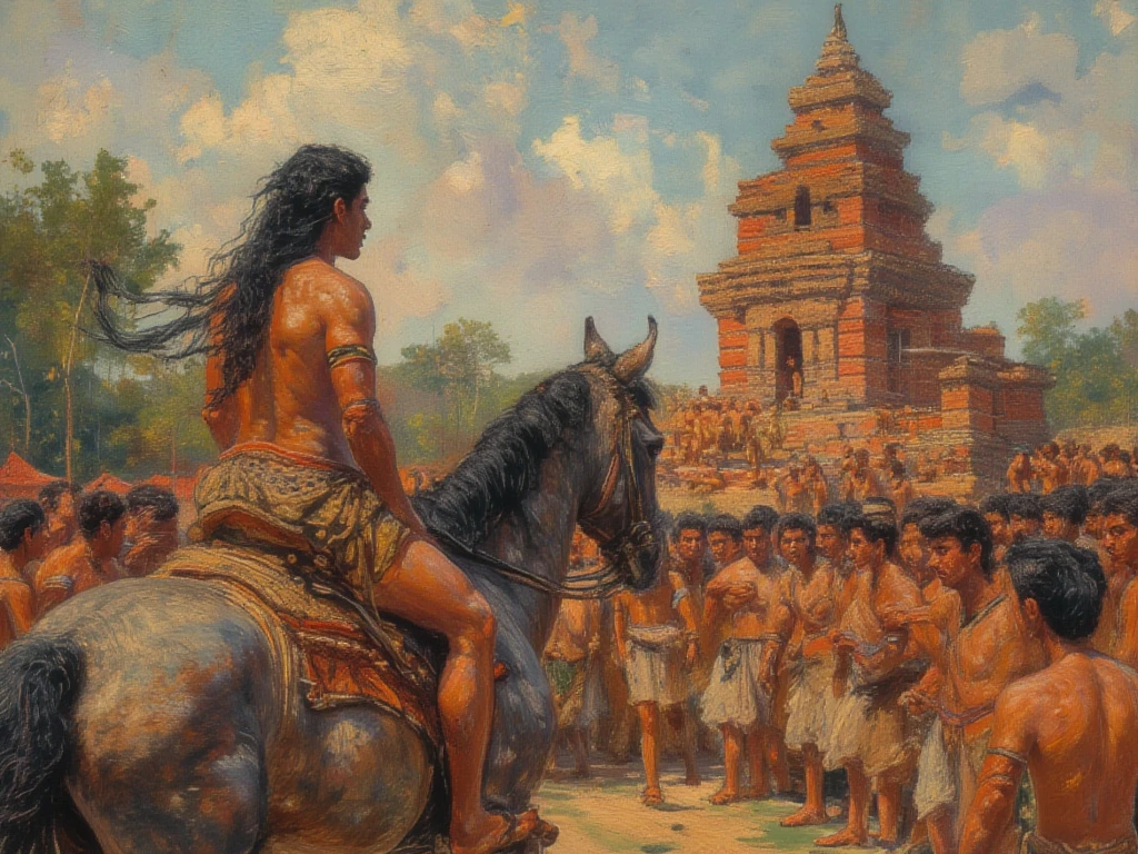 A detailed oil painting illustration, likely depicting a scene from the history or legends of the Majapahit Kingdom in Indonesia, shows a central, light-brown skinned figure with long black hair sleek neat hairbun, riding a grey horse and addressing a surrounding crowd of similarly featured people. The mounted figure, bare-chested but wearing a waist cloth and possibly armbands, holds the reins and appears to be gesturing or speaking with a serious expression. The crowd, also light-brown skinned with their black hair mostly tied back, are bare-chested or wearing simple chest coverings and waist cloths, their expressions attentive and respectful as they look towards the central figure. In the background stands a large, multi-tiered monument with distinctive Majapahit architectural elements, constructed from dark grey andesit stone or a similar material, set under a bright sky with trees. The overall style is illustrative with clear outlines and simple yet effective coloring, focusing on depicting the interaction between the prominent figure and the surrounding people within the context of the ancient kingdom's architecture.
