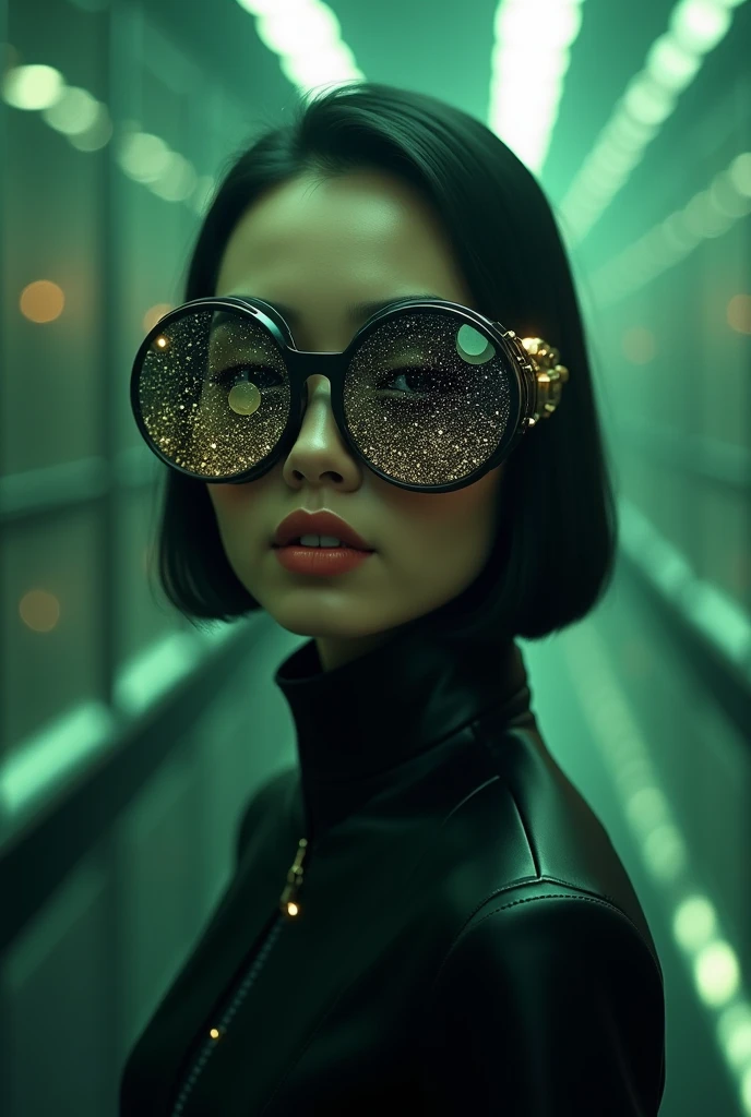 The model is wearing glass sunglasses with stars and the moon on the glass