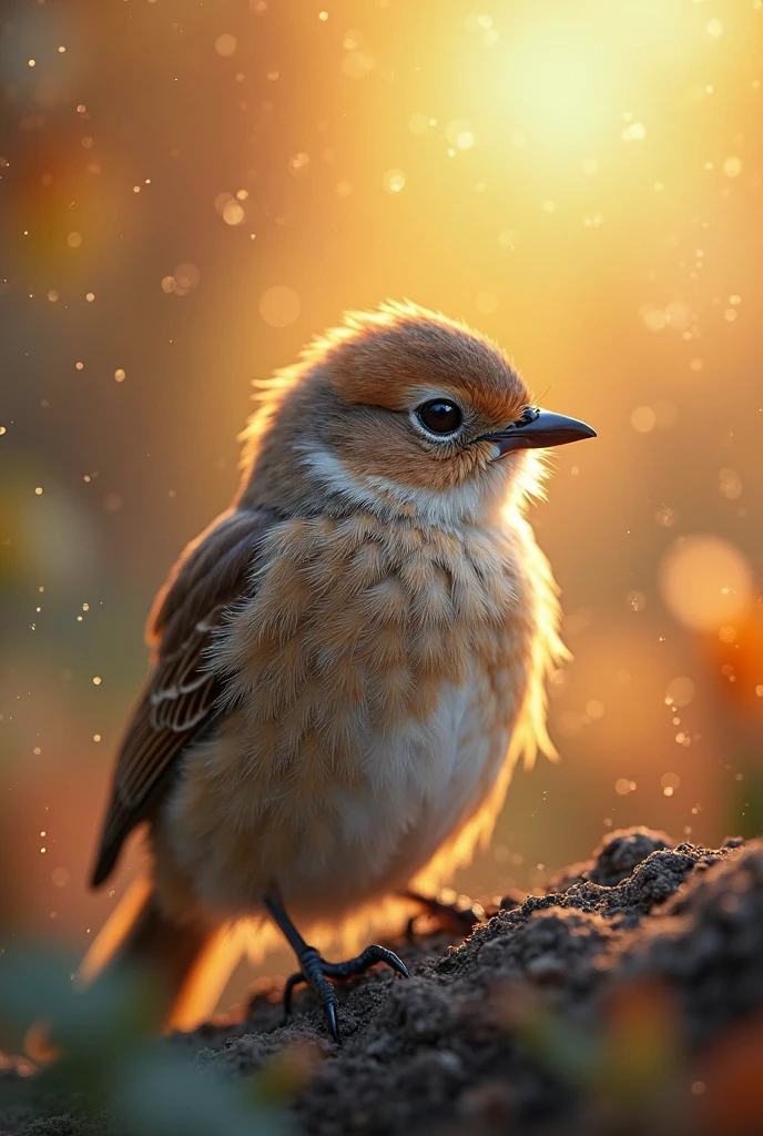 A mesmerizing portrait in the foreground of a beautiful little bird illuminated by the soft golden light of a quiet morning, with vibrant bokeh  gently framing its delicate shape.