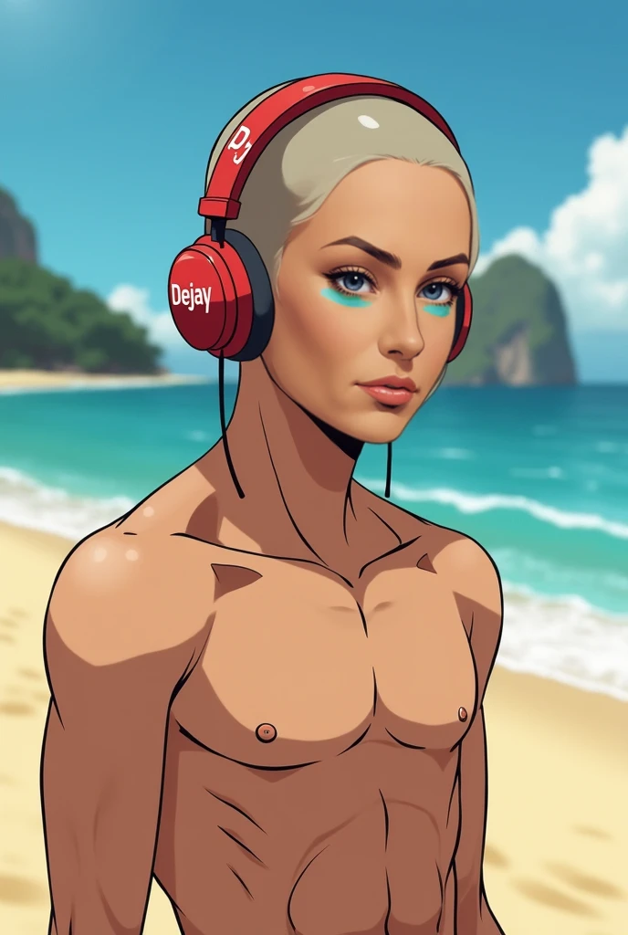 Beautiful latin american woman with tanned skin, freckles in her face, platinum blonde long hair, wearing a crop top, minishorts, big headphones, (1 Girl), (Full Body), Beautiful face, smiling, standing on a beach, holding a smartphone in her hand, (Sexy Pose), ((Perfect face)), ((hyper bronze skin)), ((tan skin)), natural light, beautiful lighting, beautiful colors, semi realistic style, ((Beautiful detailed eyes)), ((Beautifull detailed face)), ((high detail)), ((High Definition)), (Flat Colors), (Celshading), (Illustration style), ((Lineart)), ((Perfect Lines))
