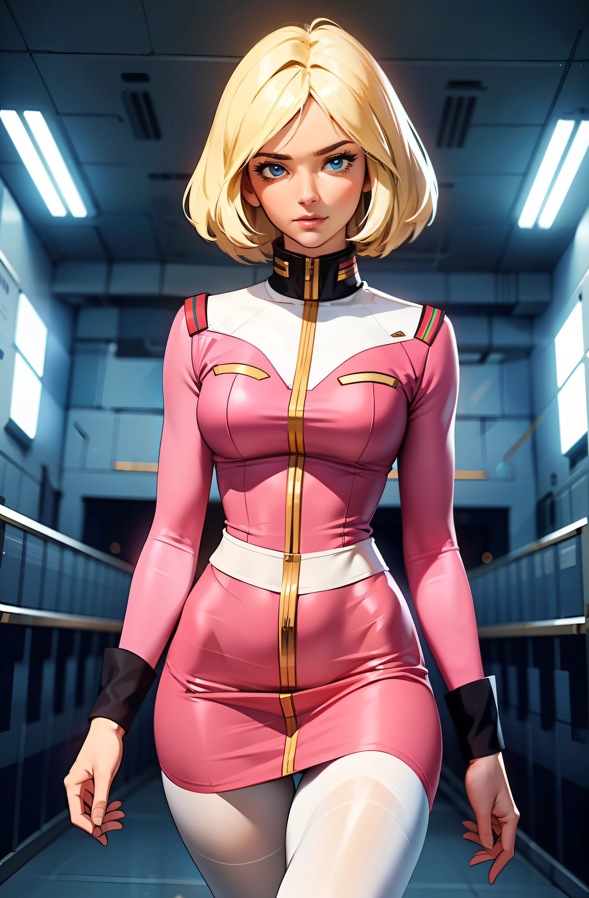 ((masterpiece)), ((cinematic lighting)), realistic photo、Real Images、Top image quality、1girl in, sayla mass, Elegant, masterpiece, Convoluted, slim arms, (wide hips), fit thighs, (thigh gap), Best Quality, absurderes, high face detail, Perfect eyes, mature, Cowboy Shot, , Vibrant colors, soft pink uniform, soft pink Skirt, white tights