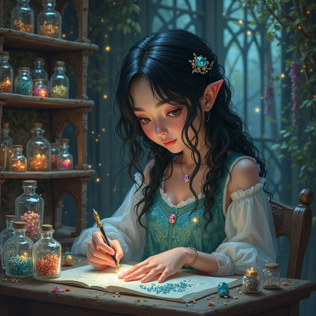 Jewelry Workshop、Old mansion、A young fairy godmother is designing jewelry、Small bottles containing gemstone grains are arranged all over the shelf、Cool Beauty、black hair