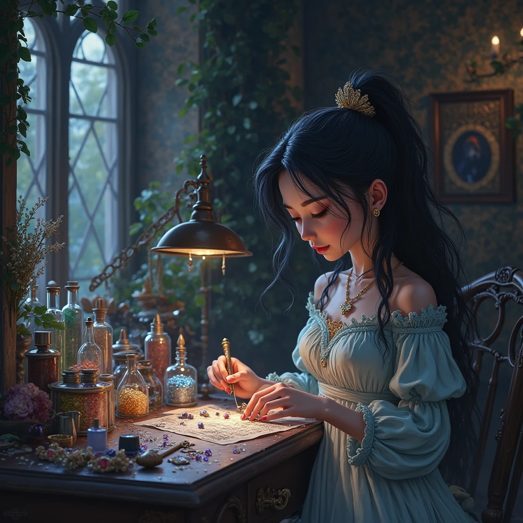 Jewelry Workshop、Old mansion、A young fairy godmother is designing jewelry、Small bottles containing gemstone grains are arranged all over the shelf、Cool Beauty、black hair
