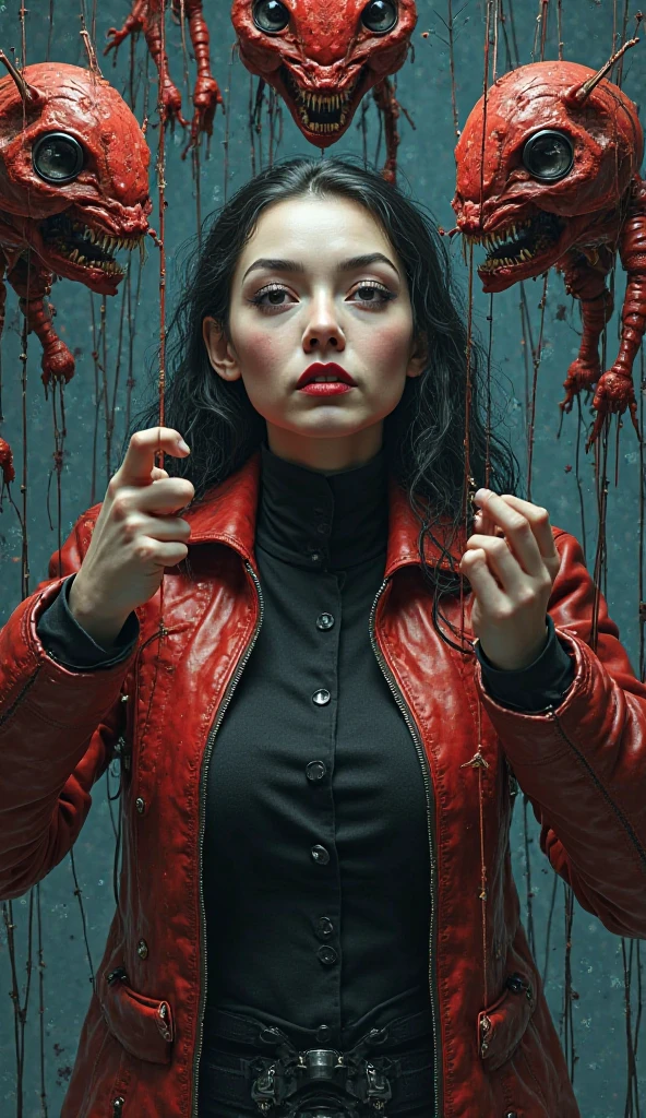 This futuristic digital 3D dark surreal artwork depicts themes of control and manipulation. A woman, as a puppeteer, controls demonic puppets through strings that resemble digital circuits. Her cold facial expression and helpless puppets create a tense atmosphere. The dark color palette—red-brown and blue-black—is enhanced by touches of futuristic technology and steampunk gear on the puppets, adding to the creepy surreal feel. The dynamic composition creates visual tension. The art style combines surrealism, expressionism, and gothic, enriched by brushstrokes that add texture and depth. The demonic puppets and the puppeteer symbolize helplessness, manipulation, and terrifying power in the modern technological era. Futuristic and steampunk elements enrich the interpretation of the themes of control and manipulation. The work is complex and rich in symbolism, presenting the dark theme in a visually impressive way.